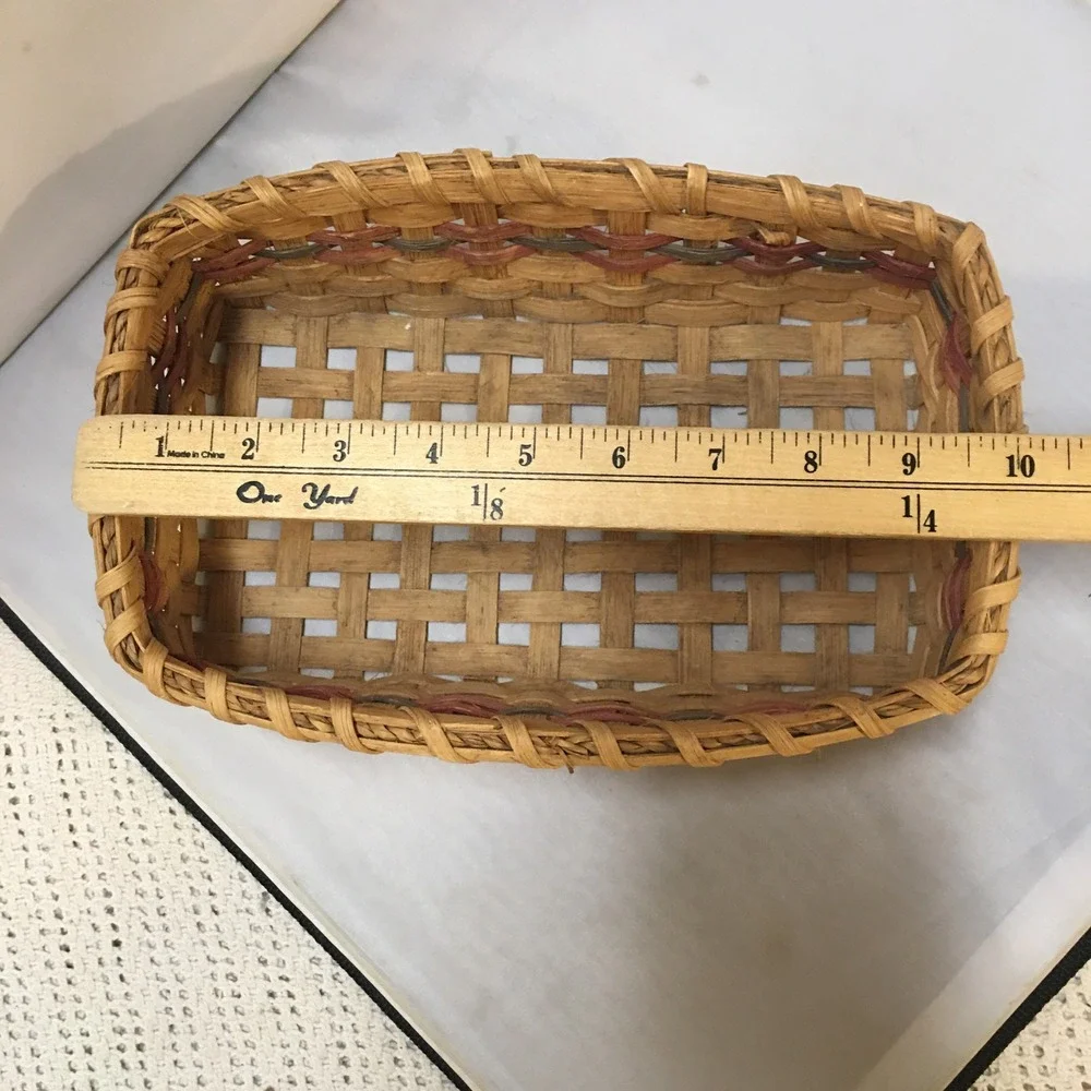 Handmade Woven Splint Basket Home Decor Natural Red Green 1992 Artisan Vintage